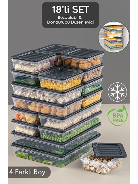 Meleni Home Mikrodalga ve Difriz Uyumlu 18 Parça Saklama Kabı Seti  2x2400Ml 4x1200Ml 4x1170Ml 8x600Ml  Antrasit - S000378955-29666