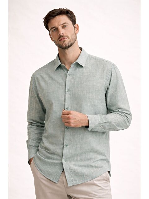 Danger Premium Flamlı Pamuklu Keten Görünümlü Erkek Gömlek Petrol Yeşili - S000527403-20019