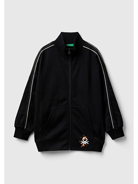 United Colors Of Benetton Erkek Çocuk Siyah Önü Arkası Baskılı Kolları Şerit Detaylı Fermuarlı Sweatshirt - S000292474-19351