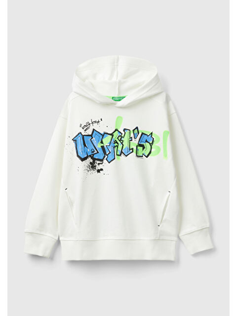 United Colors Of Benetton Erkek Çocuk Beyaz Önü Baskılı Arkası Şerit Detaylı Kapüşonlu Sweatshirt - S000292475-20063