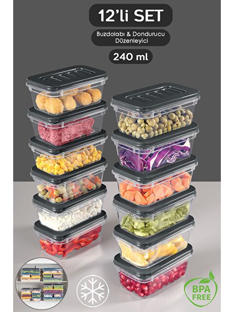 Meleni Home 12 Parça Gıda Erzak Saklama Kabı Seti Mikrodalga Uyu mlu Düzenleyici Organizer 240 ml Antrasit - S000378964-29666