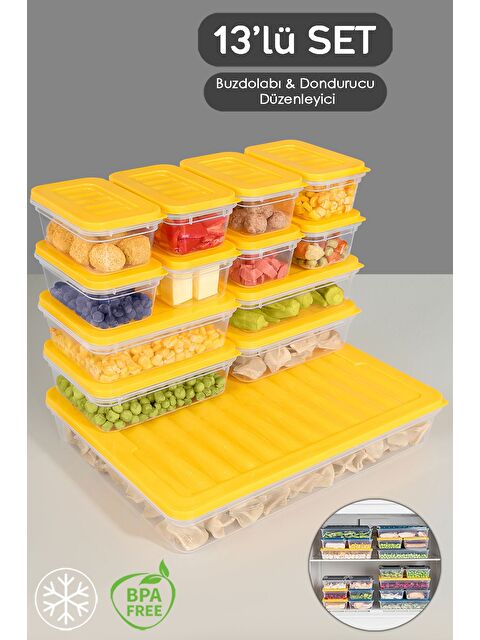 Meleni Home 13'lü Buzdolabı Düzenleyici Organizer Set Mikrodalga Difriz Kabı 1x2400 ml 4x600 ml 8x240 ml Sarı - S000378970-20072