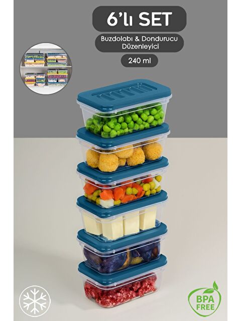 Meleni Home 6'lı Buzdolabı Düzenleyici Organizer Mikrodalga ve Difrize Uygun Saklama Kabı 6x240 ml Mavi - S000378984-17234