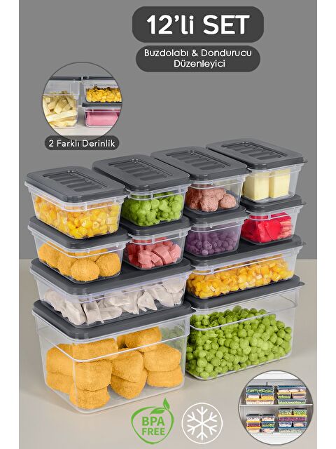 Meleni Home 12'li Buzdolabı Organizer Set Düzenleyici Saklama Kabı Derin ve Sığ Mikrodalga Difriz Kabı Antrasit - S000379001-29666