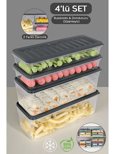 Meleni Home 4'lü Buzdolabı Organizer Set Düzenleyici Saklama Kabı Derin ve Sığ Mikrodalga Difriz Kabı L Antrasit - S000379002-29666