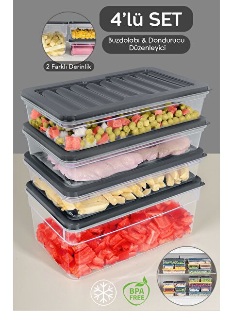 Meleni Home 4'lü Mikrodalga Uyu mlu Organizer Set Düzenleyici Gıda Erzak Saklama Kabı Derin ve Sığ M Antrasit - S000379003-29666