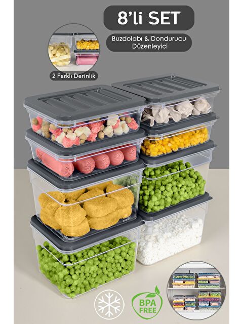 Meleni Home 8 li Buzdolabı Organizer Set Düzenleyici Saklama Kabı Derin ve Sığ Mikrodalga Difriz Kabı S Antrasit - S000379005-29666