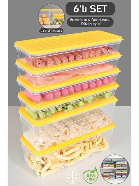 Meleni Home 6'lı Mikrodalga Uyu mlu Organizer Set Düzenleyici Gıda Erzak Saklama Kabı Derin ve Sığ L Sarı - S000379011-20072