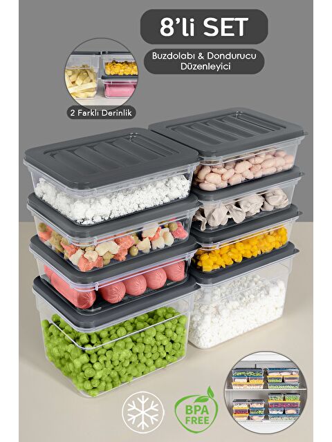 Meleni Home 8 li Buzdolabı Düzenleyici Organizer Set Erzak Gıda Saklama Kabı Derin Sığ Difriz Kabı S Antrasit - S000379012-29666