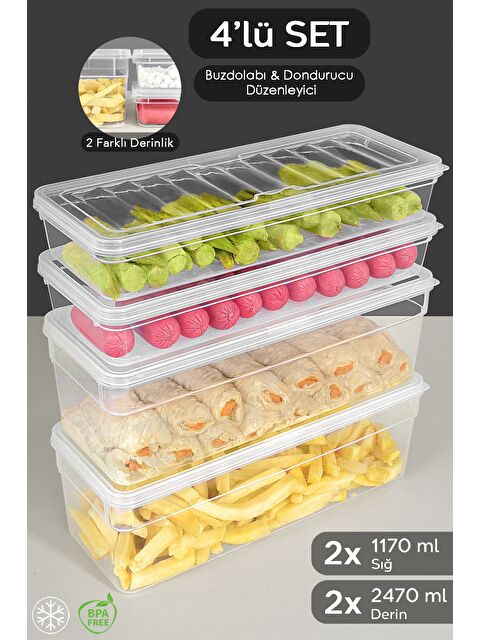 Meleni Home 4'lü Derin ve Sığ Erzak Saklama Kabı Seti Şeffaf Kapak Mikrodalga Uyu mlu Organizer Düzenleyici L - S000379017-26865