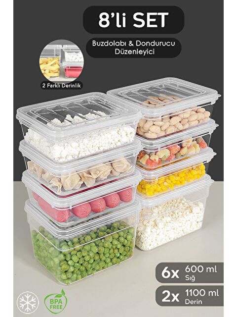 Meleni Home 8 li Derin ve Sığ Erzak Saklama Kabı Seti Şeffaf Kapaklı Mikrodalga Uyu mlu Organizer Düzenleyici S - S000379021-26865