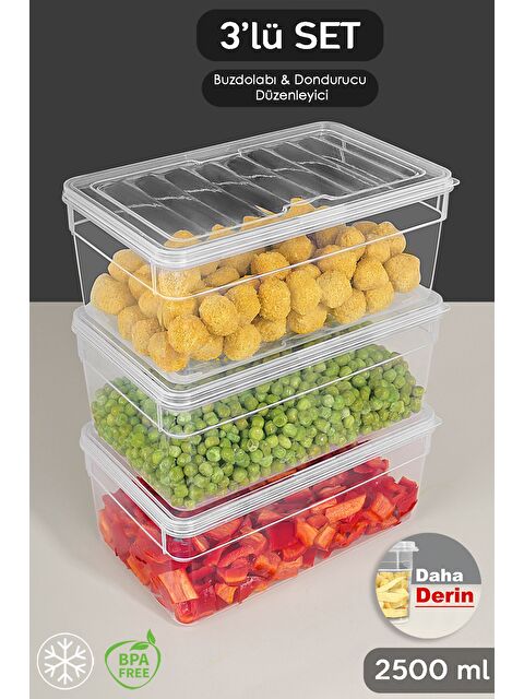 Meleni Home 3'lü Derin Mikrodalga Uyu mlu Erzak Gıda Saklama Kabı Şeffaf Kapak Düzenleyici Organizer Set 2500 ml - S000379020-26865