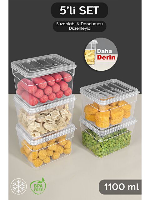 Meleni Home 5'li Derin Mikrodalga Uyu mlu Erzak Gıda Saklama Kabı Şeffaf Kapak Düzenleyici Organizer Set 1100 ml - S000379022-26865