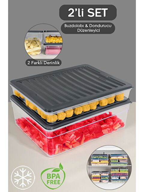 Meleni Home 2'li Buzdolabı Organizer Set Düzenleyici Saklama Kabı Derin Sığ Mikrodalga Difriz Kabı xL Antrasit - S000379024-29666