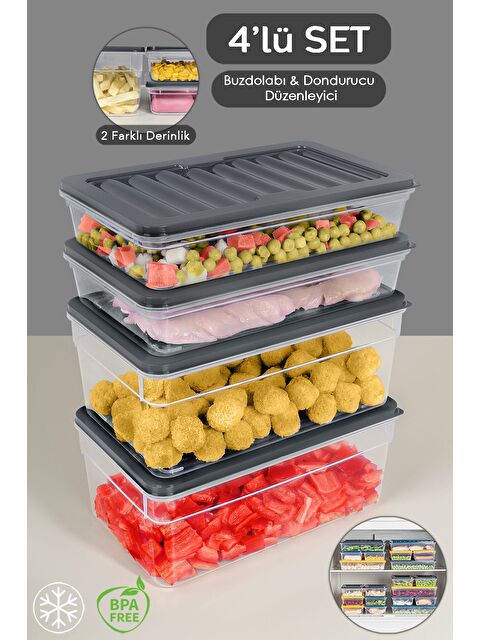 Meleni Home 4'lü Buzdolabı Organizer Set Düzenleyici Saklama Kabı Derin ve Sığ Mikrodalga Difriz Kabı M Antrasit - S000379025-29666