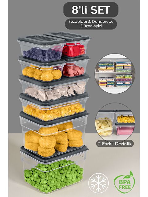 Meleni Home 8 li Buzdolabı Organizer Set Düzenleyici Saklama Kabı Derin ve Sığ Mikrodalga Difriz Kabı Antrasit - S000379026-29666