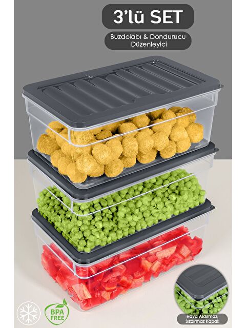 Meleni Home 3'lü Derin Mikrodalga Uyu mlu Organizer Set Düzenleyici Gıda Erzak Saklama Kabı 2500 ml Antrasit - S000379028-29666