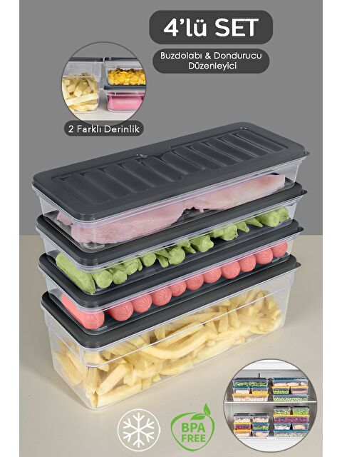 Meleni Home 4'lü Mikrodalga Uyu mlu Organizer Set Düzenleyici Erzak Saklama Kabı Derin ve Sığ L Antrasit - S000379029-29666