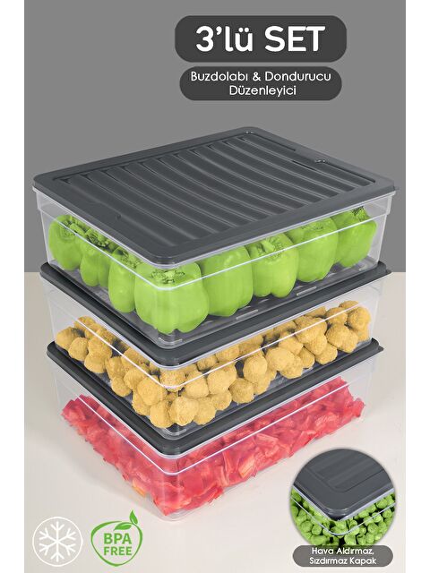 Meleni Home 3'lü Derin Mikrodalga Uyu mlu Organizer Set Düzenleyici Gıda Erzak Saklama Kabı 5300 ml Antrasit - S000379030-29666