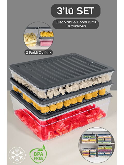 Meleni Home 3'lü Mikrodalga Uyu mlu Organizer Set Düzenleyici Gıda Erzak Saklama Kabı Derin ve Sığ xL Antrasit - S000379035-29666