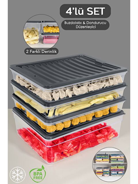 Meleni Home 4'lü Buzdolabı Organizer Set Düzenleyici Erzak Saklama Kabı Derin ve Sığ Difriz Kabı xL Antrasit - S000379038-29666