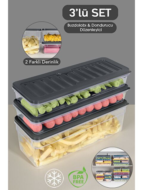 Meleni Home 3'lü Buzdolabı Organizer Set Düzenleyici Saklama Kabı Derin ve Sığ Mikrodalga Difriz Kabı L Antrasit - S000379041-29666