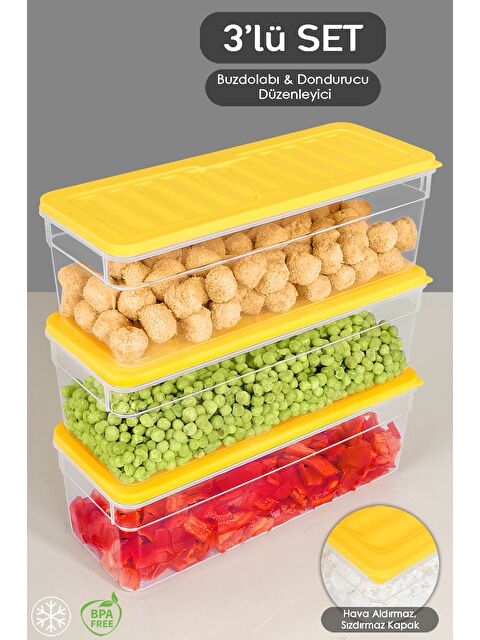 Meleni Home 3'lü Derin Mikrodalga Uyu mlu Organizer Set Düzenleyici Gıda Erzak Saklama Kabı 2470 ml Sarı - S000379043-20072
