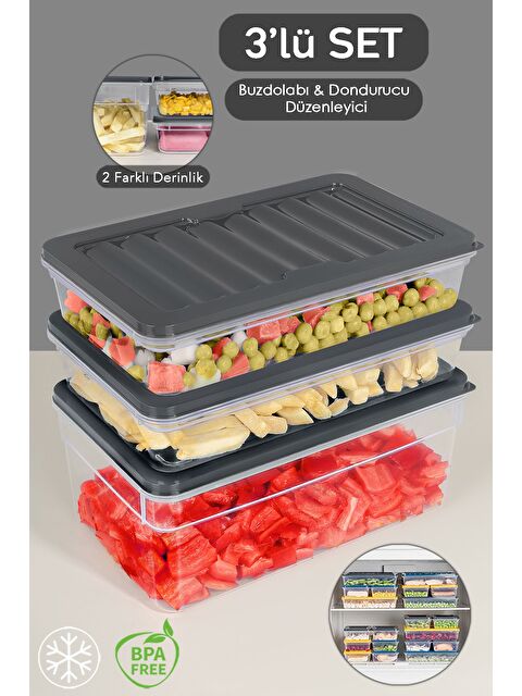 Meleni Home 3'lü Buzdolabı Organizer Set Düzenleyici Saklama Kabı Derin ve Sığ Mikrodalga Difriz Kabı M Antrasit - S000379045-29666