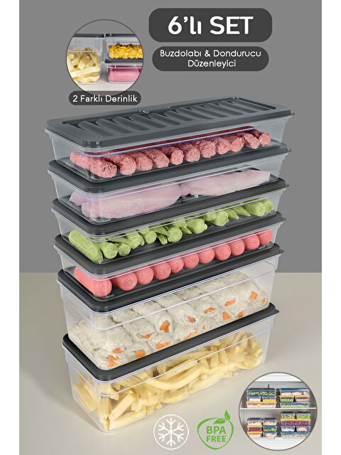 Meleni Home 6'lı Buzdolabı Organizer Set Düzenleyici Saklama Kabı Derin ve Sığ Mikrodalga Difriz Kabı L Antrasit - S000379047-29666