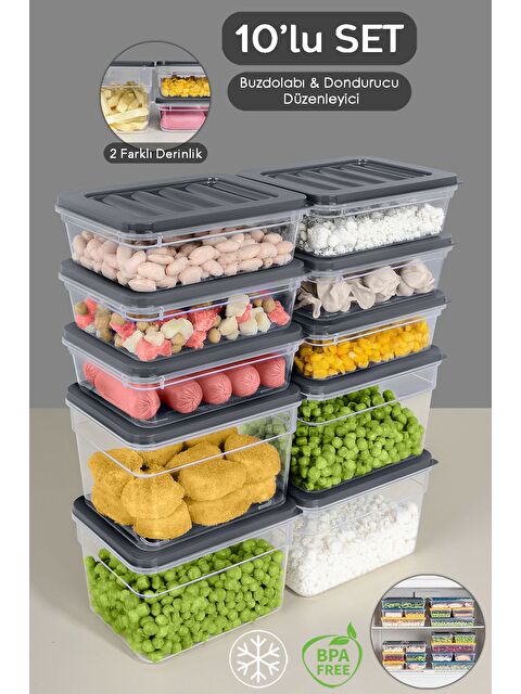 Meleni Home 10'lu Mikrodalga Uyu mlu Organizer Set Düzenleyici Gıda Erzak Saklama Kabı Derin ve Sığ S Antrasit - S000379050-29666