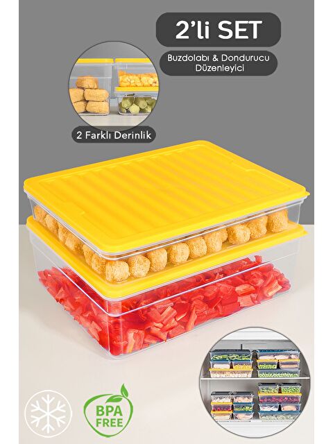 Meleni Home 2'li Buzdolabı Organizer Set Düzenleyici Saklama Kabı Derin ve Sığ Mikrodalga Difriz Kabı xL Sarı - S000379052-20072