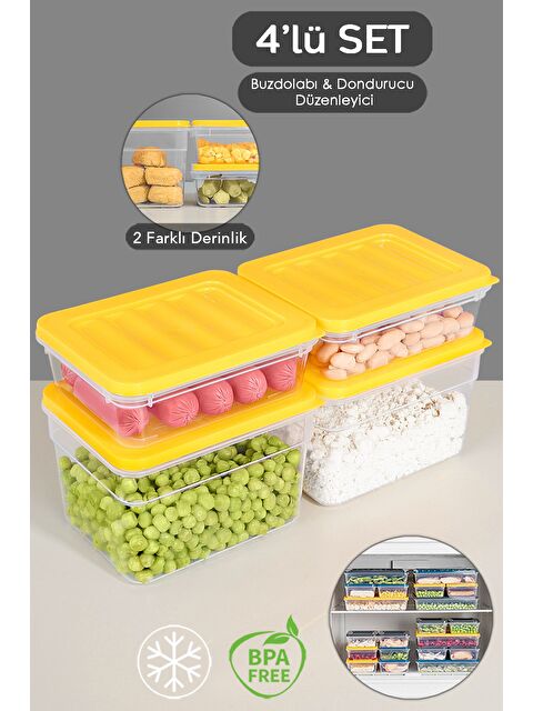 Meleni Home 4 lü Buzdolabı Organizer Set Düzenleyici Saklama Kabı Derin ve Sığ Mikrodalga Difriz Kabı S Sarı - S000379053-20072