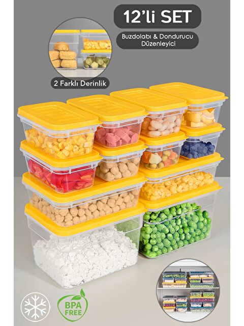 Meleni Home 12'li Mikrodalga Uyu mlu Organizer Set Düzenleyici Gıda Erzak Saklama Kabı Derin ve Sığ Sarı - S000379056-20072