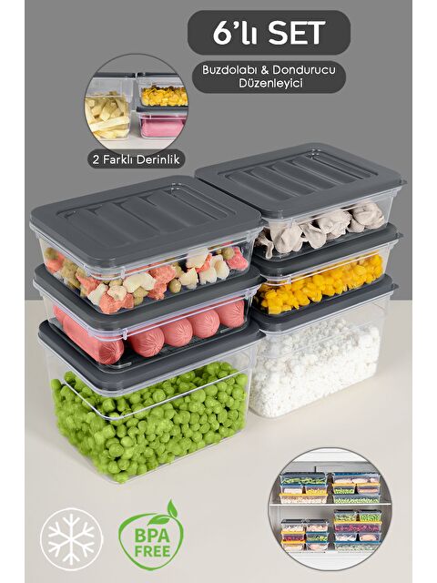 Meleni Home 6'lı Mikrodalga Uyu mlu Organizer Set Düzenleyici Gıda Erzak Saklama Kabı Derin ve Sığ S Antrasit - S000379058-29666