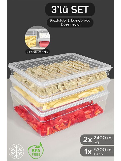 Meleni Home 3'lü Derin ve Sığ Erzak Saklama Kabı Seti Şeffaf Kapak Mikrodalga Uyu mlu Düzenleyici Organizer xL - S000379064-26865