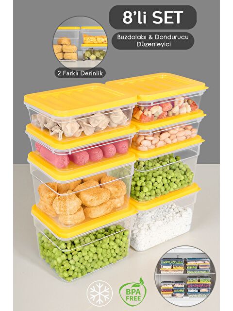 Meleni Home 8 li Mikrodalga Uyu mlu Organizer Set Düzenleyici Gıda Erzak Saklama Kabı Derin ve Sığ S Sarı - S000379066-20072