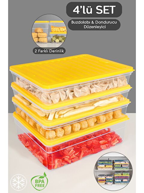 Meleni Home 4'lü Buzdolabı Organizer Set Düzenleyici Saklama Kabı Derin ve Sığ Mikrodalga Difriz Kabı xL Sarı - S000379067-20072