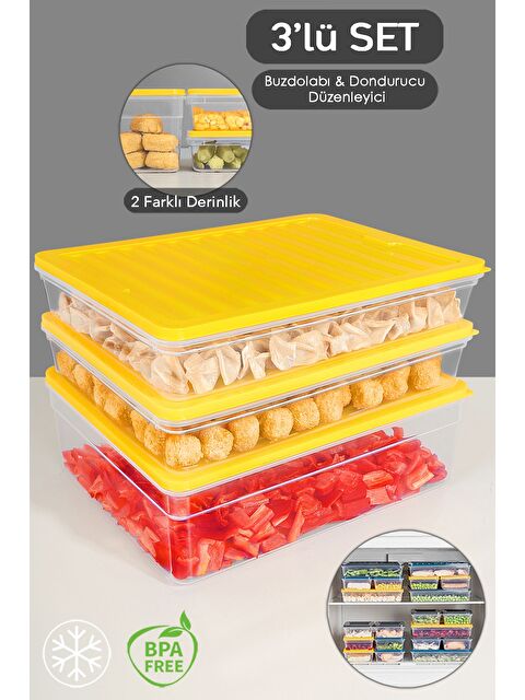 Meleni Home 3'lü Mikrodalga Uyu mlu Organizer Set Düzenleyici Gıda Erzak Saklama Kabı Derin ve Sığ xL Sarı - S000379072-20072