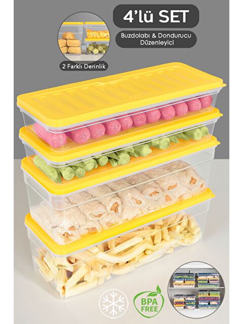 Meleni Home 4'lü Buzdolabı Düzenleyici Organizer Set Saklama Kabı Derin ve Sığ Mikrodalga Difriz Kabı L Sarı - S000379071-20072