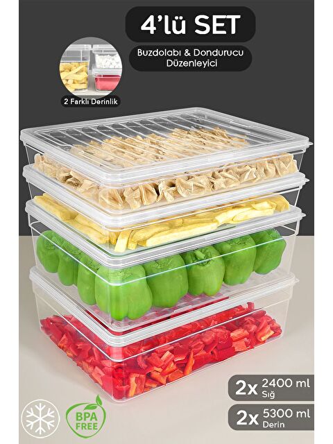 Meleni Home 4'lü Derin ve Sığ Erzak Saklama Kabı Seti Şeffaf Kapak Mikrodalga Uyu mlu Düzenleyici Organizer xL - S000379073-26865