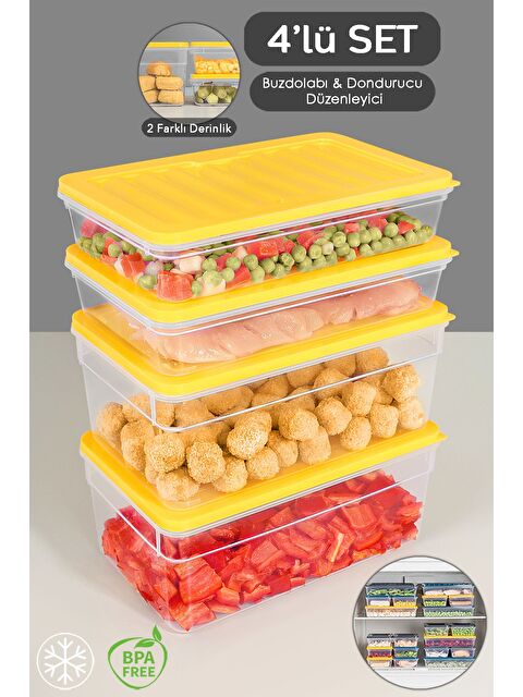 Meleni Home 4'lü Buzdolabı Organizer Set Düzenleyici Saklama Kabı Derin ve Sığ Mikrodalga Difriz Kabı M Sarı - S000379079-20072