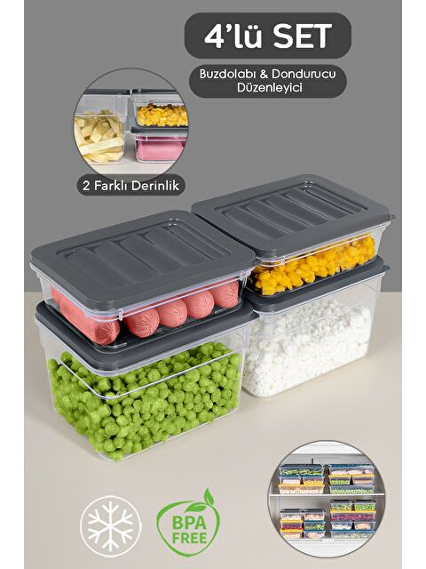 Meleni Home 4 lü Buzdolabı Organizer Set Düzenleyici Saklama Kabı Derin ve Sığ Mikrodalga Difriz Kabı S Antrasit - S000379080-29666