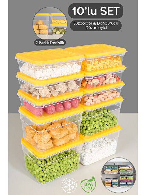 Meleni Home 10'lu Buzdolabı Organizer Set Düzenleyici Saklama Kabı Derin ve Sığ Mikrodalga Difriz Kabı S Sarı - S000379082-20072
