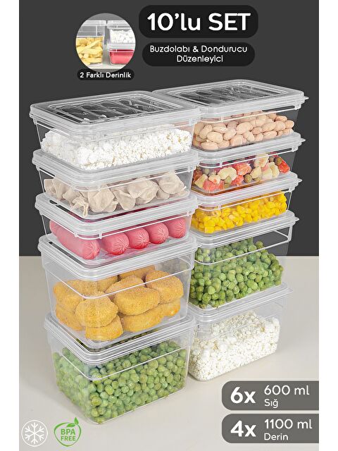 Meleni Home 10'lu Derin ve Sığ Erzak Saklama Kabı Seti Şeffaf Kapak Mikrodalga Uyu mlu Organizer Düzenleyici S - S000379085-26865