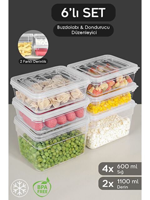 Meleni Home 6'lı Derin ve Sığ Erzak Saklama Kabı Seti Şeffaf Kapaklı Mikrodalga Uyu mlu Organizer Düzenleyici S - S000379086-26865