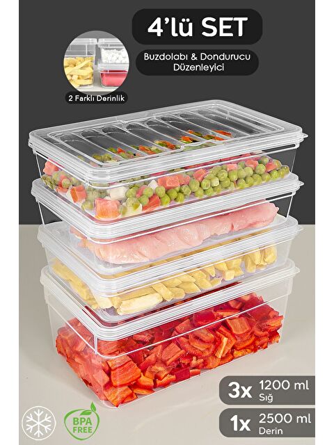 Meleni Home 4'lü Derin ve Sığ Erzak Saklama Kabı Seti Şeffaf Kapaklı Mikrodalga Uyu mlu Düzenleyici Organizer M - S000379092-26865