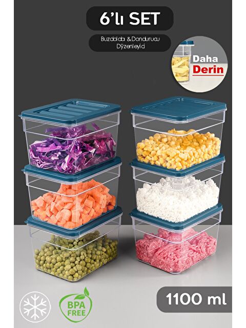Meleni Home 6'lı Derin Mikrodalga Uyu mlu Organizer Set Düzenleyici Gıda Erzak Saklama Kabı 1100 ml Mavi - S000379094-17234