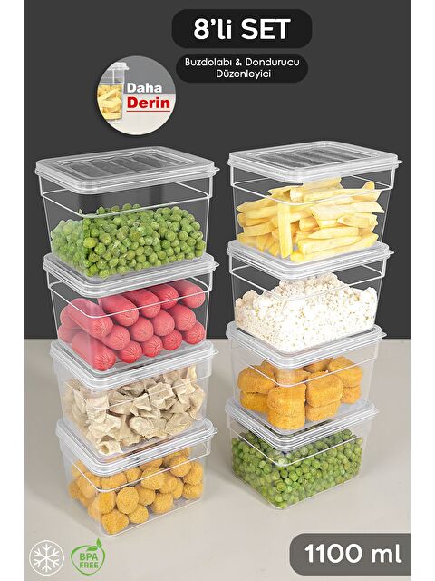 Meleni Home 8 li Derin Mikrodalga Uyu mlu Erzak Gıda Saklama Kabı Şeffaf Kapak Düzenleyici Organizer Set 1100 ml - S000379099-26865