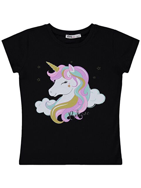 Civil Girls Baskılı 6-9 Yaş Tişört - Siyah