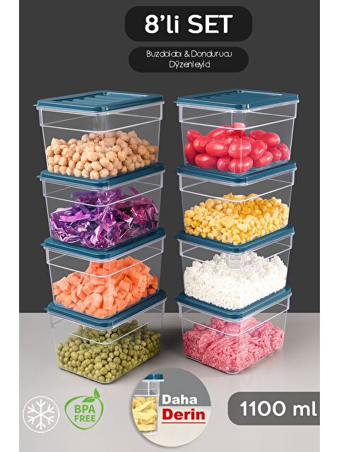 Meleni Home 8 li Derin Mikrodalga Uyu mlu Düzenleyici Organizer Set Gıda Erzak Saklama Kabı Seti 1100 ml Mavi - S000379108-17234